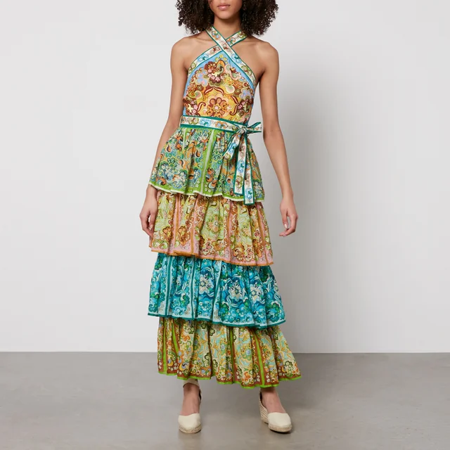 Alemais Dreamer Floral-Print Linen Halterneck Dress