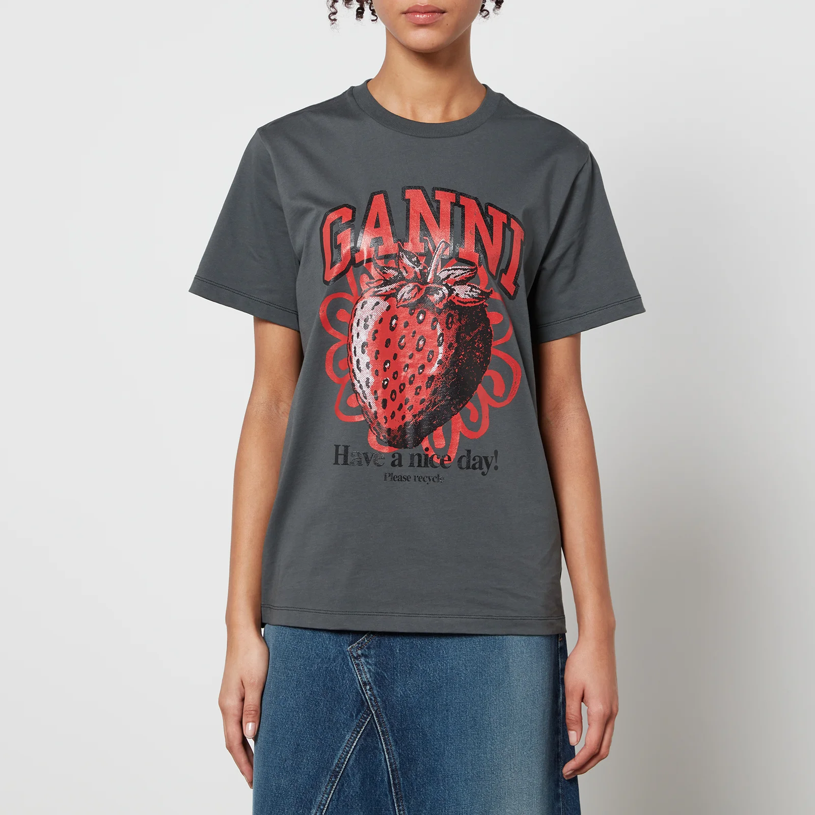 Ganni Strawberry Printed Organic Cotton-Jersey T-Shirt Image 1