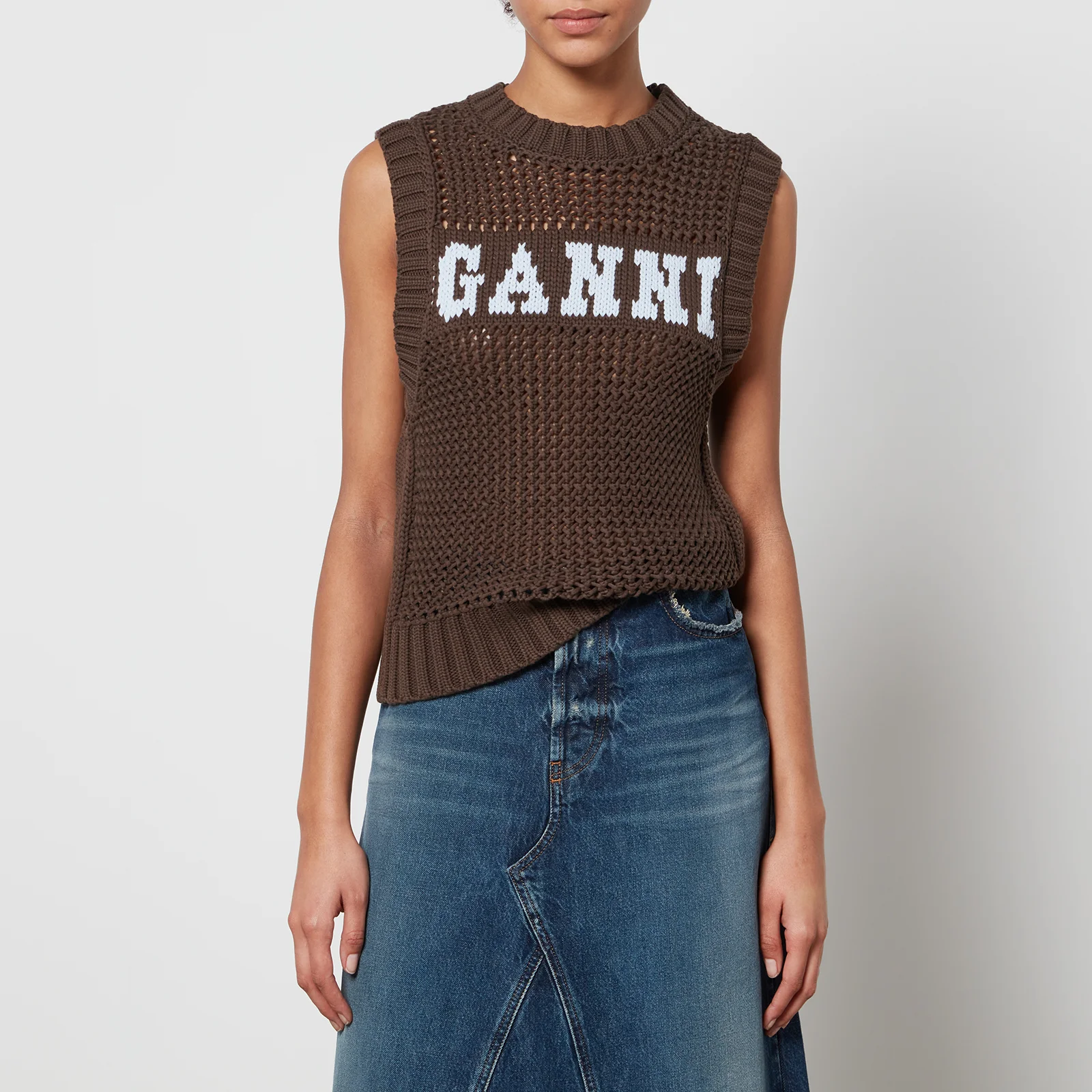 Ganni Logo Open-knit Cotton-Blend Vest Image 1