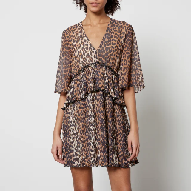 Ganni Ruffled Leopard-Print Chiffon Mini Dress