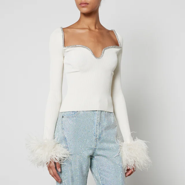 Self-Portrait Feather-Trimmed Ribbed Knit Top