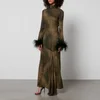 De La Vali Printed Feather-Trimmed Satin Maxi Dress - Image 1