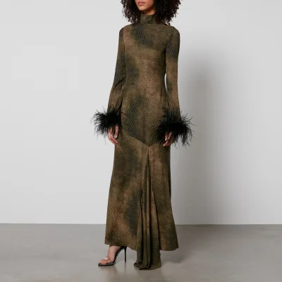 De La Vali Printed Feather-Trimmed Satin Maxi Dress