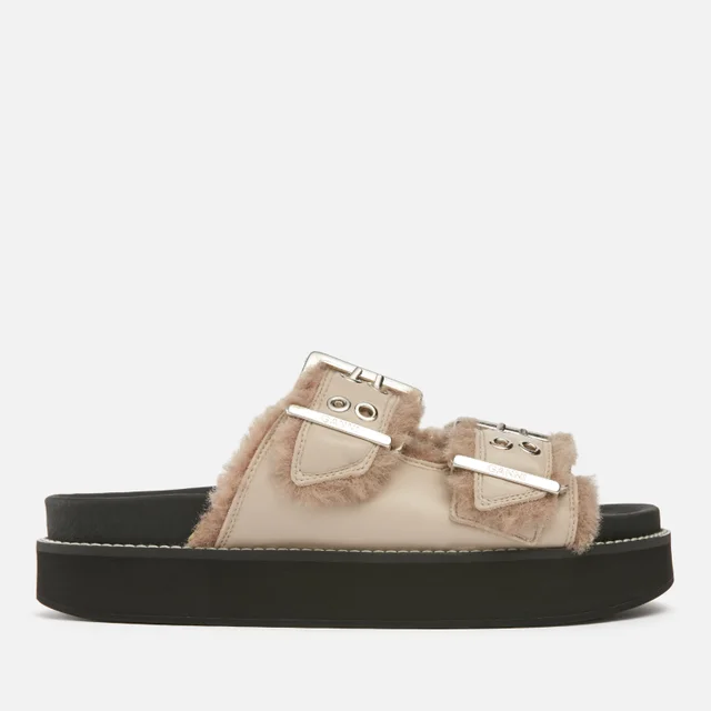 Ganni Buckled Faux Fur-Lined Leather Sandals