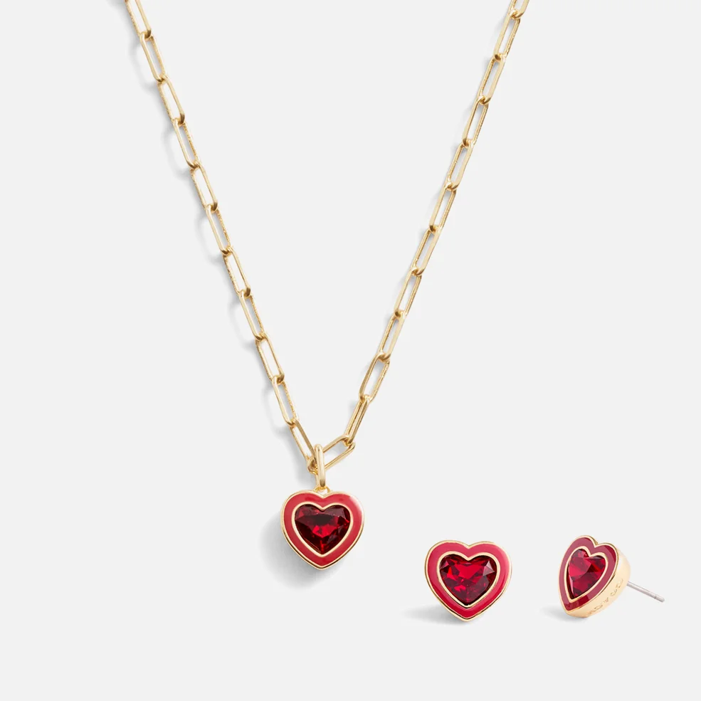 Coach Enamel Heart Gold-Tone Necklace and Earring Boxed Set Image 1
