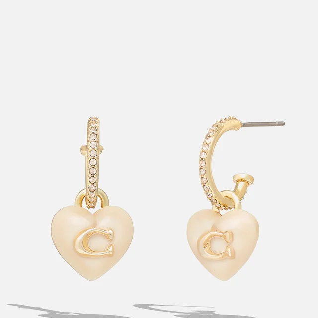 Coach Signature C Heart Pearl Drop Gold Tone Huggie Earrings