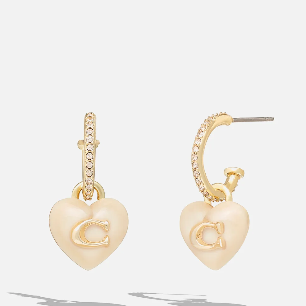 Coach Women's Signature C Heart Pearl Drop Gold Tone Huggie Earrings - Gold/White Image 1