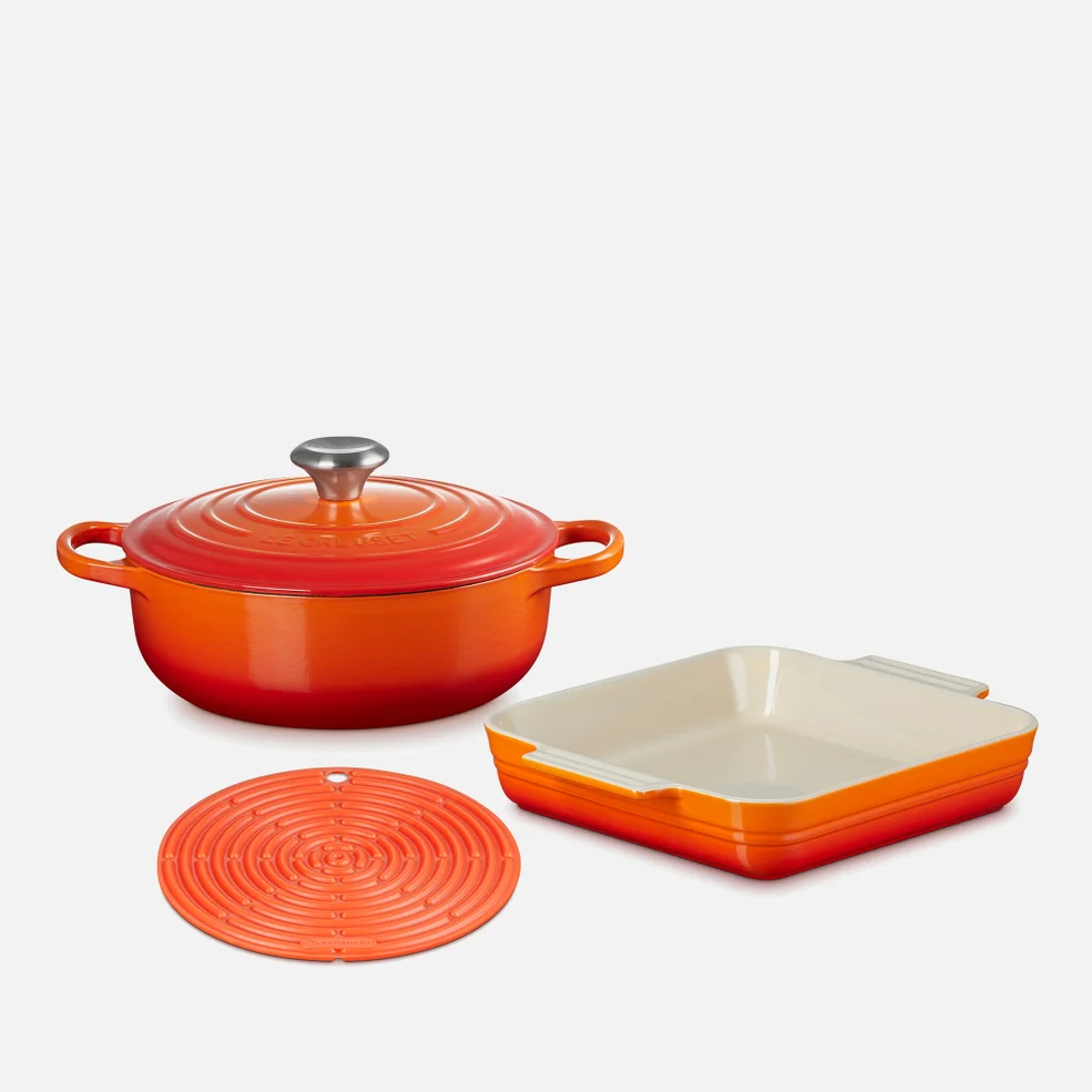 Le Creuset Mixed Set - 3 Pieces - Cast Iron Sauteuse, Stoneware Square Dish, Silicone Cool Tool - Volcanic Image 1