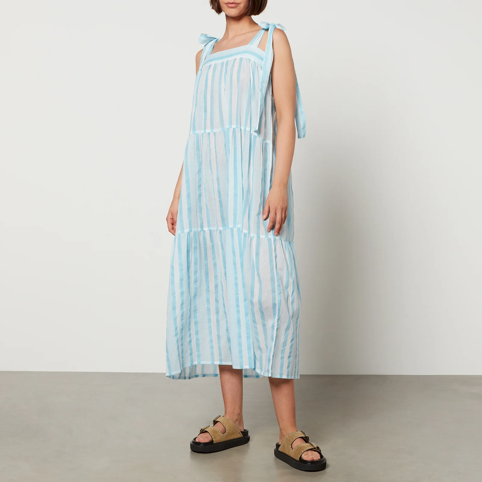 SZ Blockprints Winslow Striped Cotton-Gauze Midi Dress - L Image 1