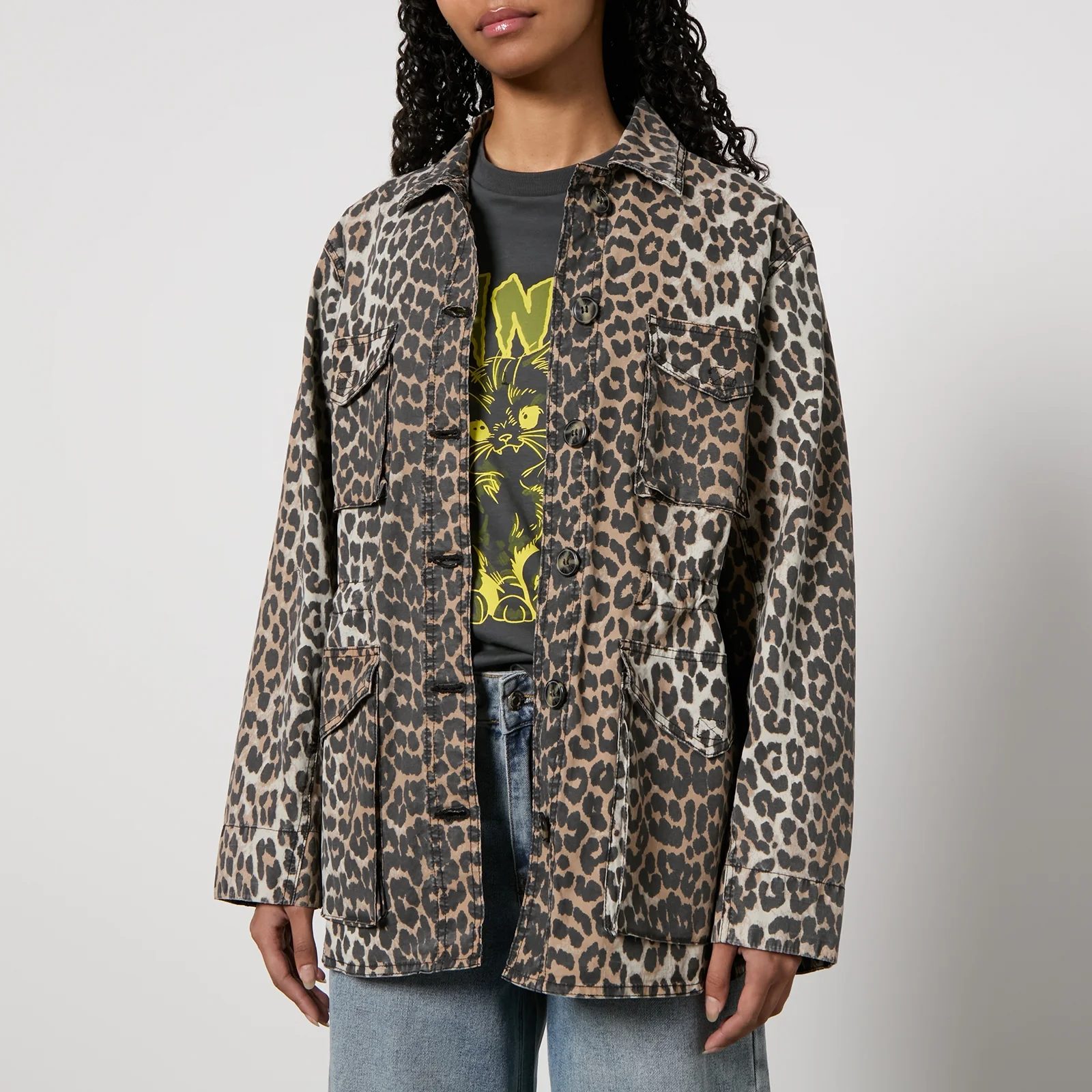 Ganni Washed Cotton Canvas Leopard Print Jacket Image 1