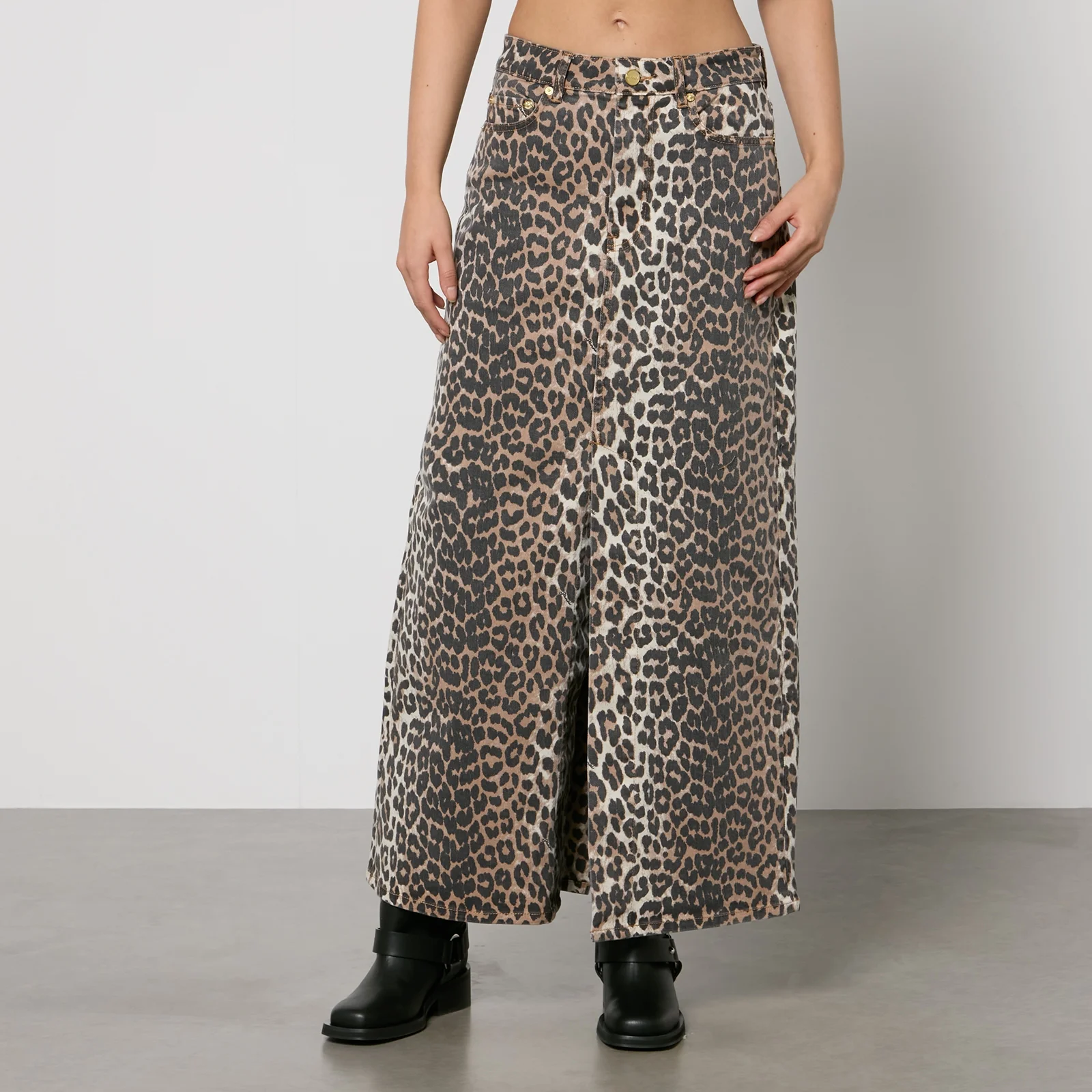 Ganni Leopard-Print Denim Maxi Skirt Image 1