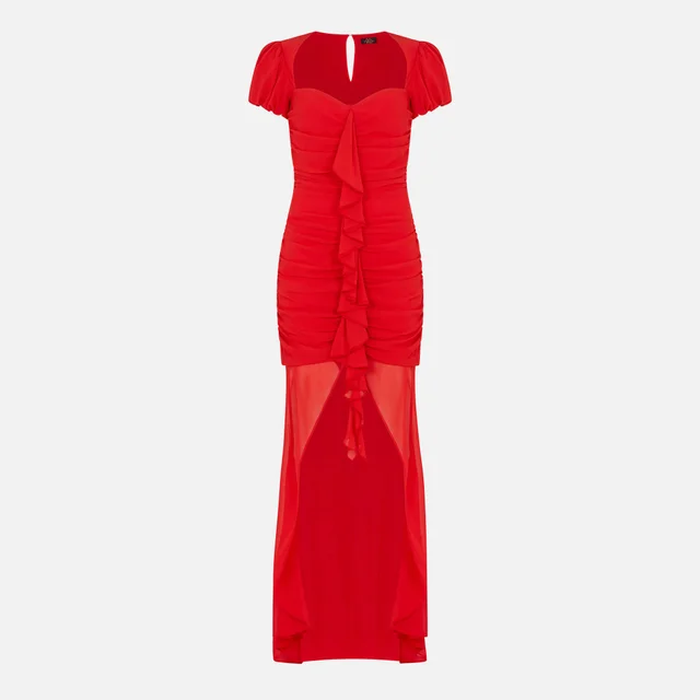De La Vali Women's Short Sleeve Chiffon Maxi Dress With Ruffles - Red